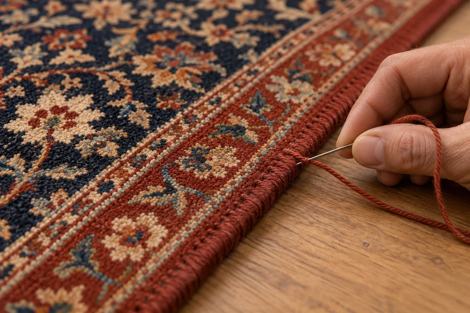 Illustrative detail of binding along the side edge of a fine patterned rug