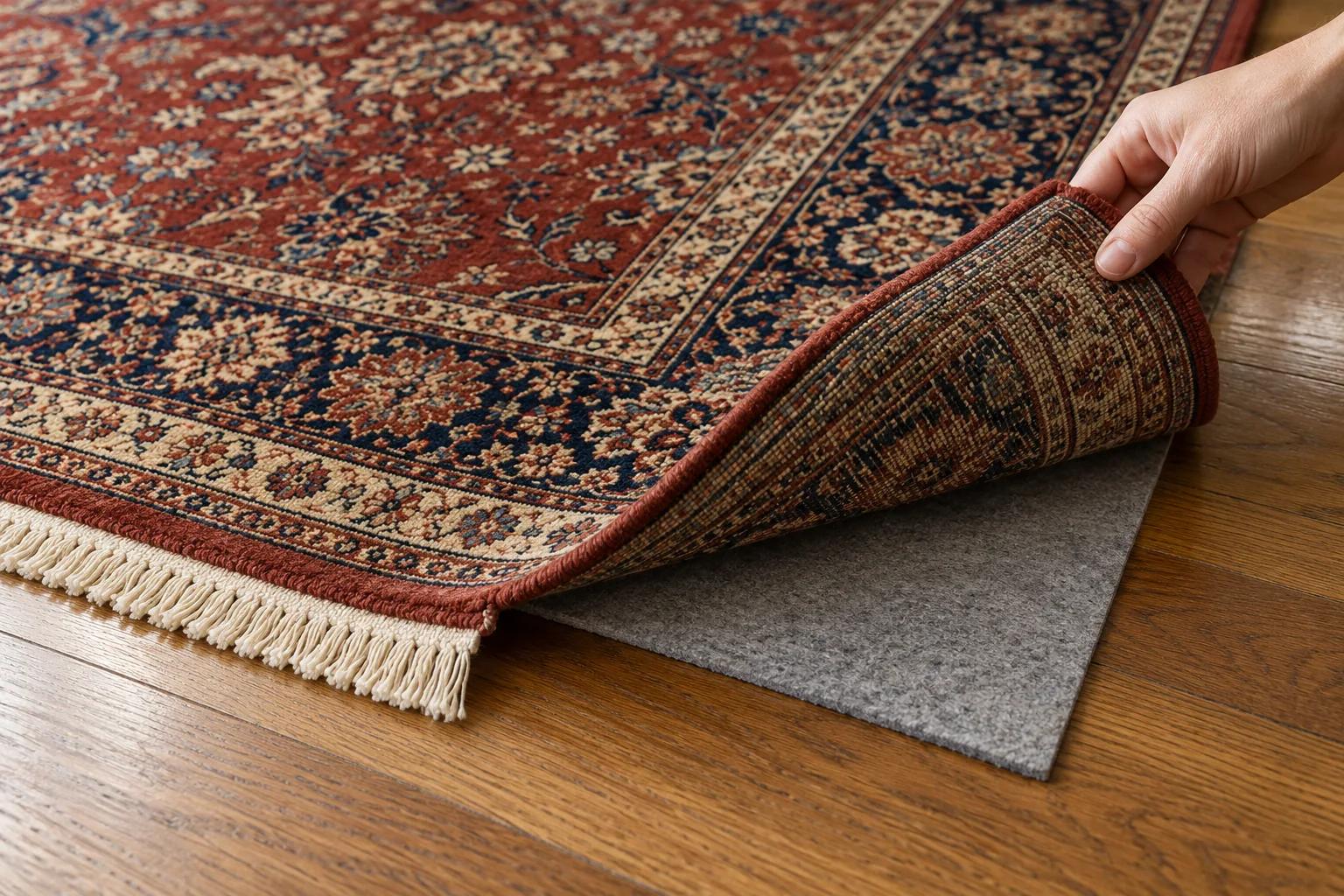Illustrative custom fitted rug pad beneath a turned Oriental rug corner