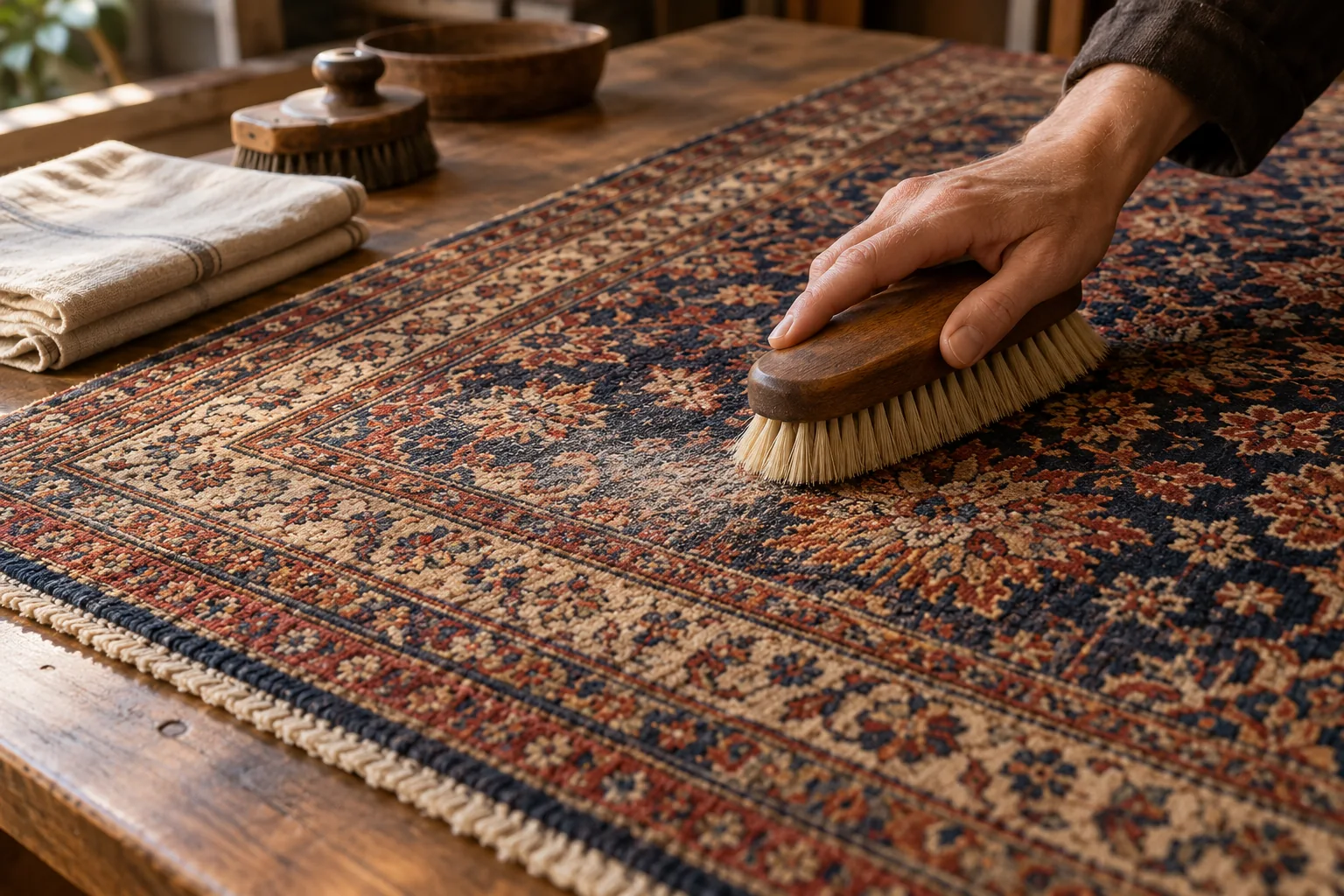 Illustrative traditional dry-care preparation on a richly patterned rug