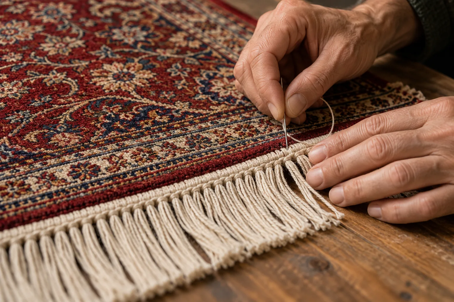 Illustrative close view of hands working carefully on an Oriental rug fringe
