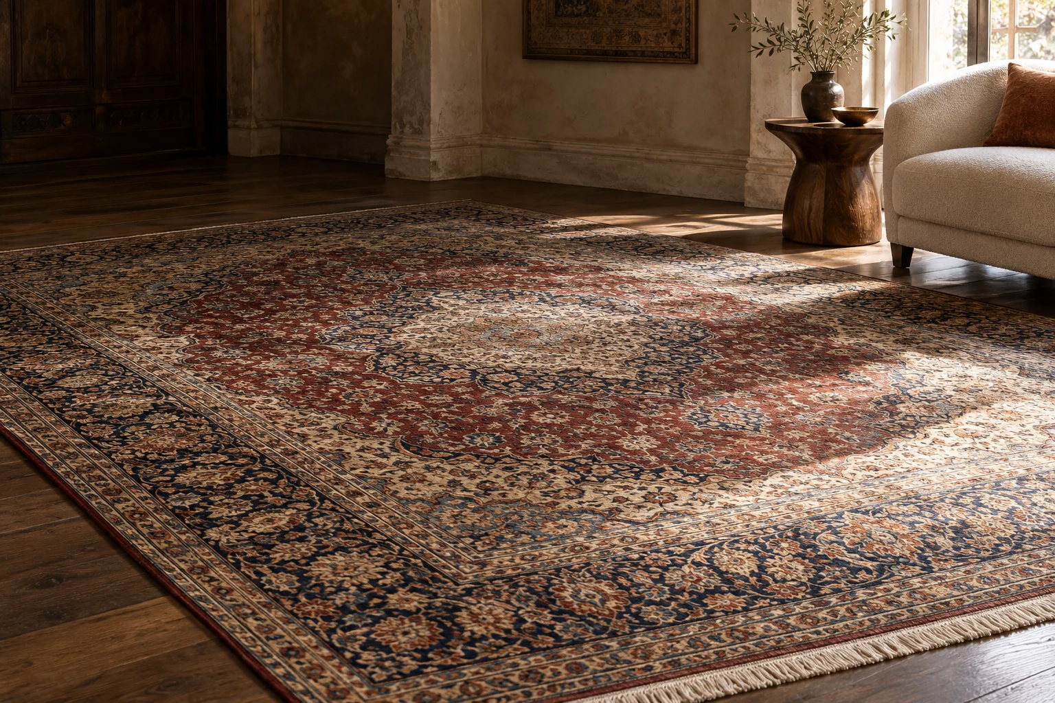Illustrative quiet interior with a fine Oriental rug as the centre of the room