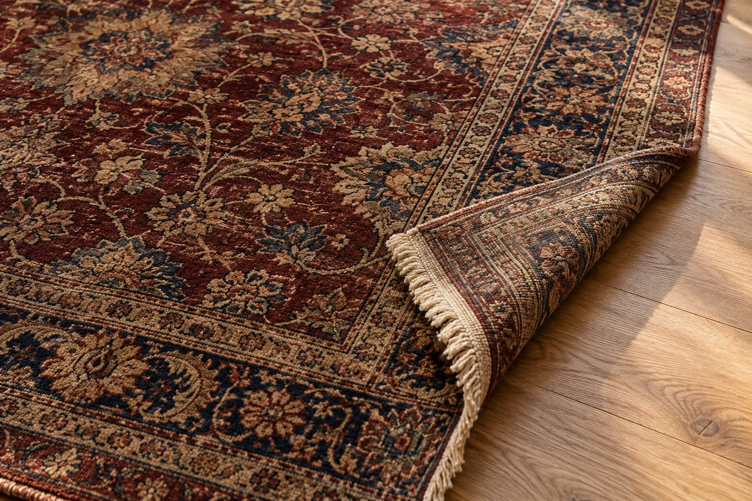 Illustrative close-up of a rug corner with fringe and a richly detailed border