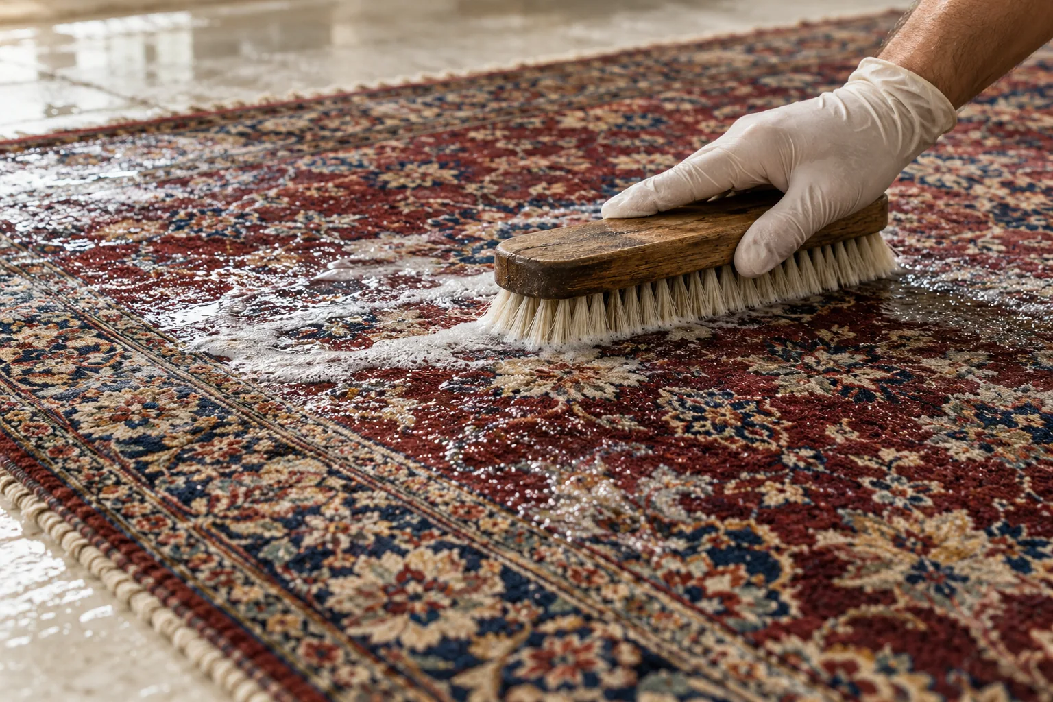 Illustrative careful wet cleaning of an Oriental rug with a soft brush and delicate shampoo